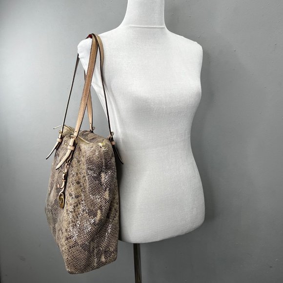 Michael Kors Python Effect Bag Tote Embossed Leather Snakeskin Print Tan Black - Picture 4 of 16